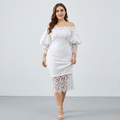 Vestido con hombros descubiertos y ribete de encaje