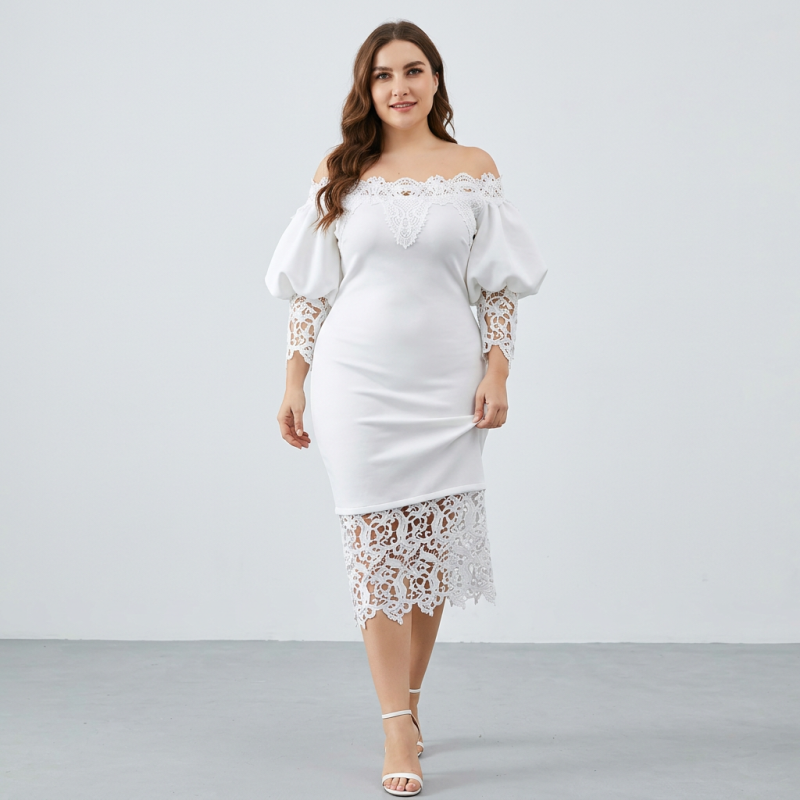 Vestido con hombros descubiertos y ribete de encaje