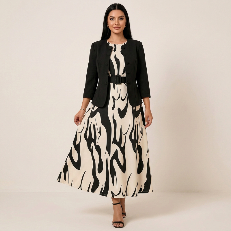 Conjunto de vestido y cárdigan estampado