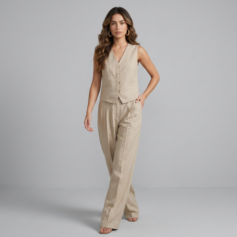 Conjunto de dos piezas: chaleco y pantalón informal.