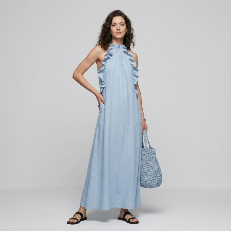 Vestido largo de encaje con hombros descubiertos