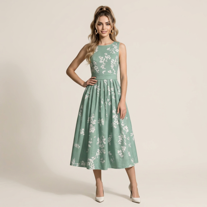 Vestido sin mangas con estampado floral verde y blanco