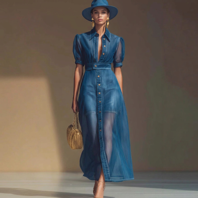 Vestido moderno con escote en V y botón frontal.