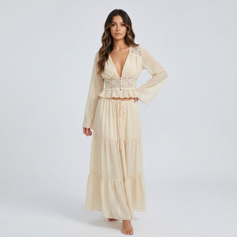 Conjunto de cárdigan de encaje y falda larga con cinturón