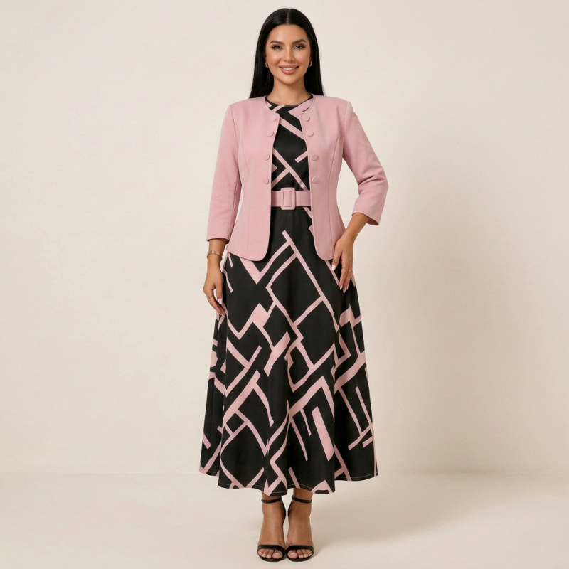 Conjunto de vestido y cárdigan estampado