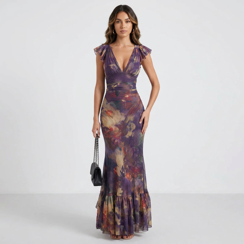 Vestido de cola de sirena estampado con escote en V profundo