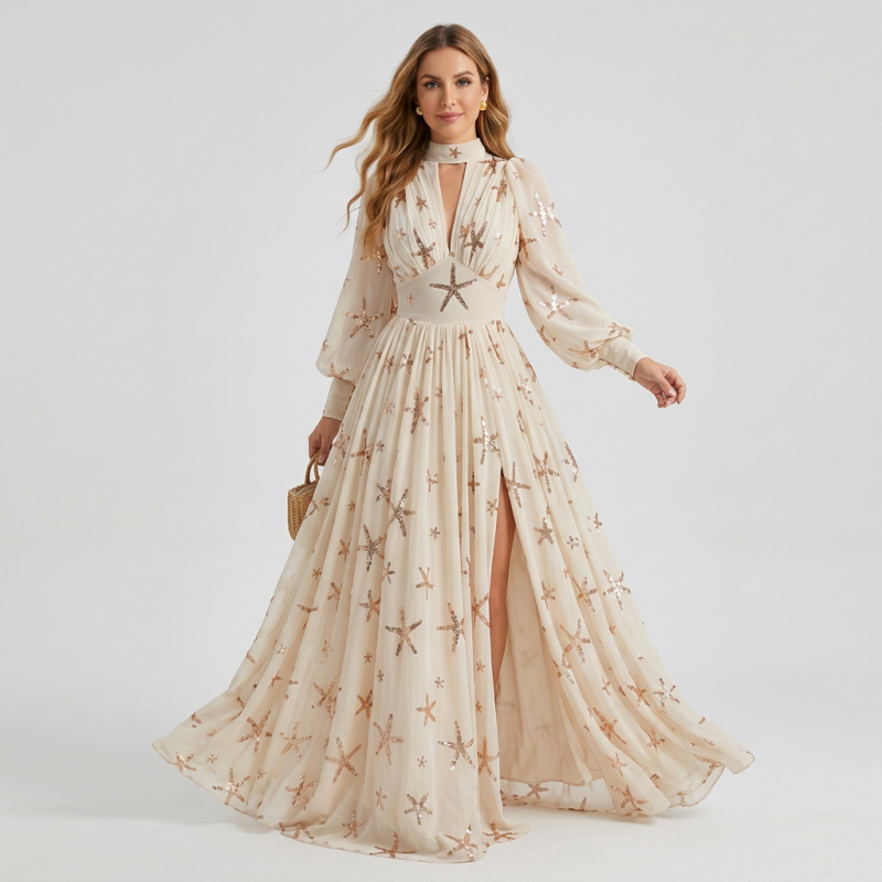 Vestido de cuello alto con lentejuelas y abertura