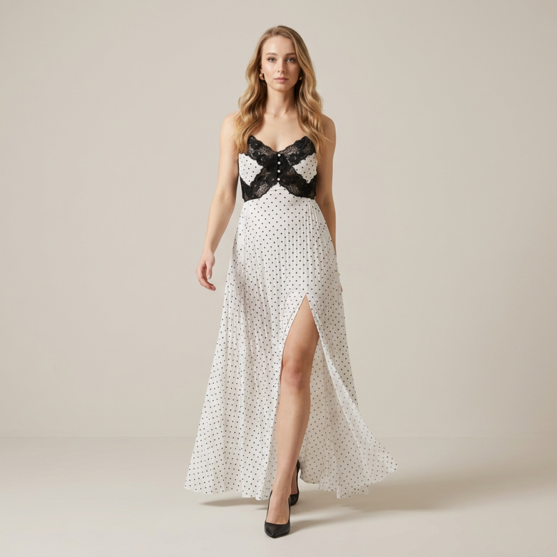 Vestido lencero de lunares con ribete de encaje