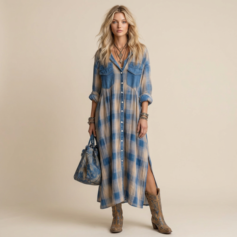 Elegante vestido vaquero con bolsillos