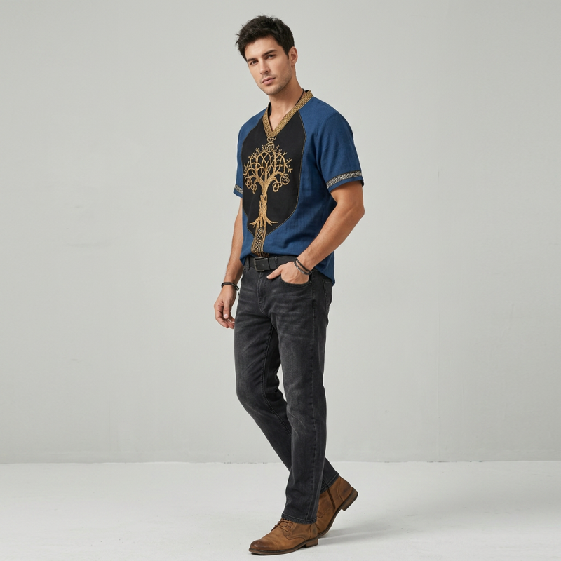 Camisa de manga corta con cuello en V bordada