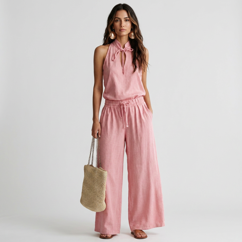 Top halter con lazo en el cuello + pantalones de pierna ancha