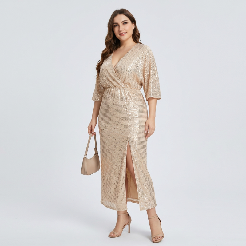 Elegante falda con escote en V, lentejuelas y abertura.
