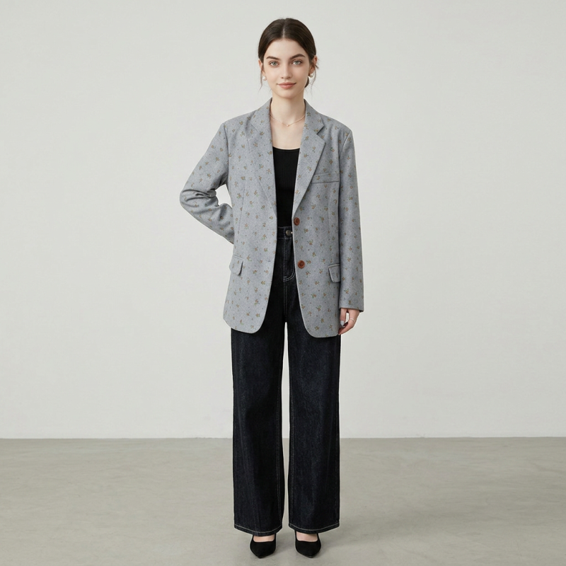 Chaqueta de traje gris con estampado floral