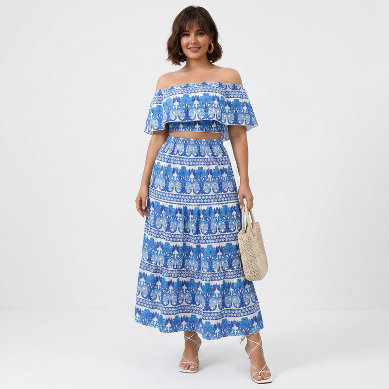 Conjunto de top con hombros descubiertos y falda larga