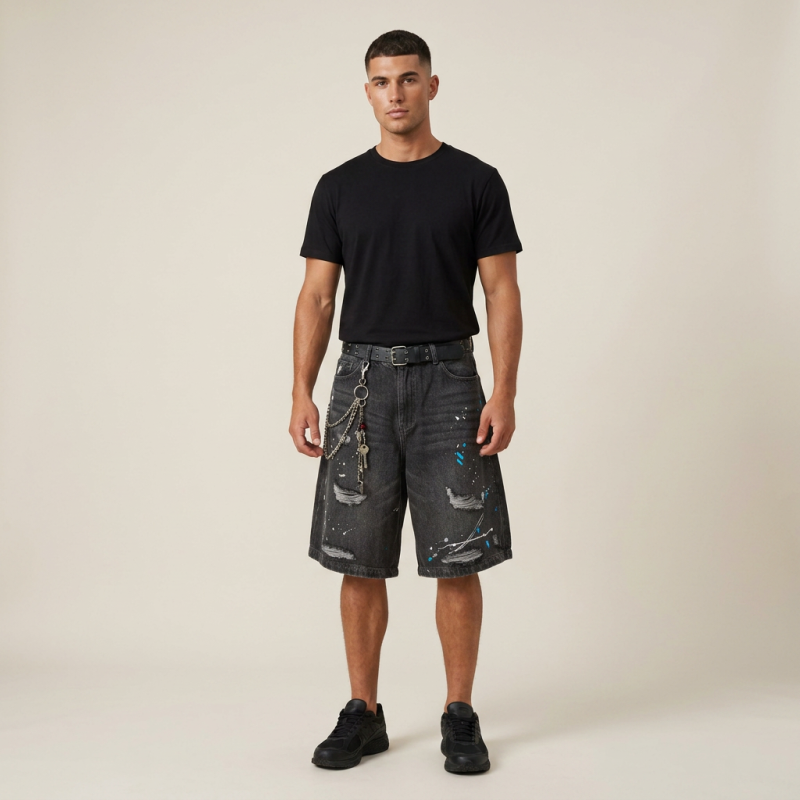 pantalones cortos vaqueros informales con salpicaduras de pintura