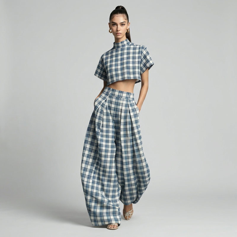 Traje de pantalón ancho a cuadros