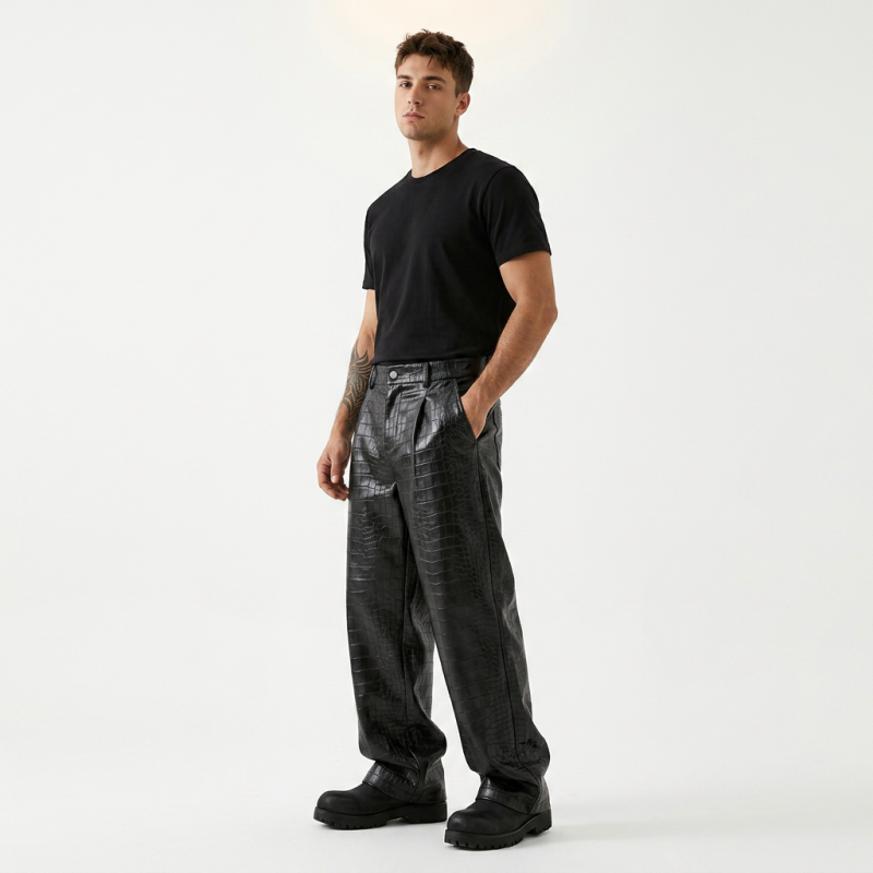 Pantalones de cuero de pierna ancha con estampado de cocodrilo