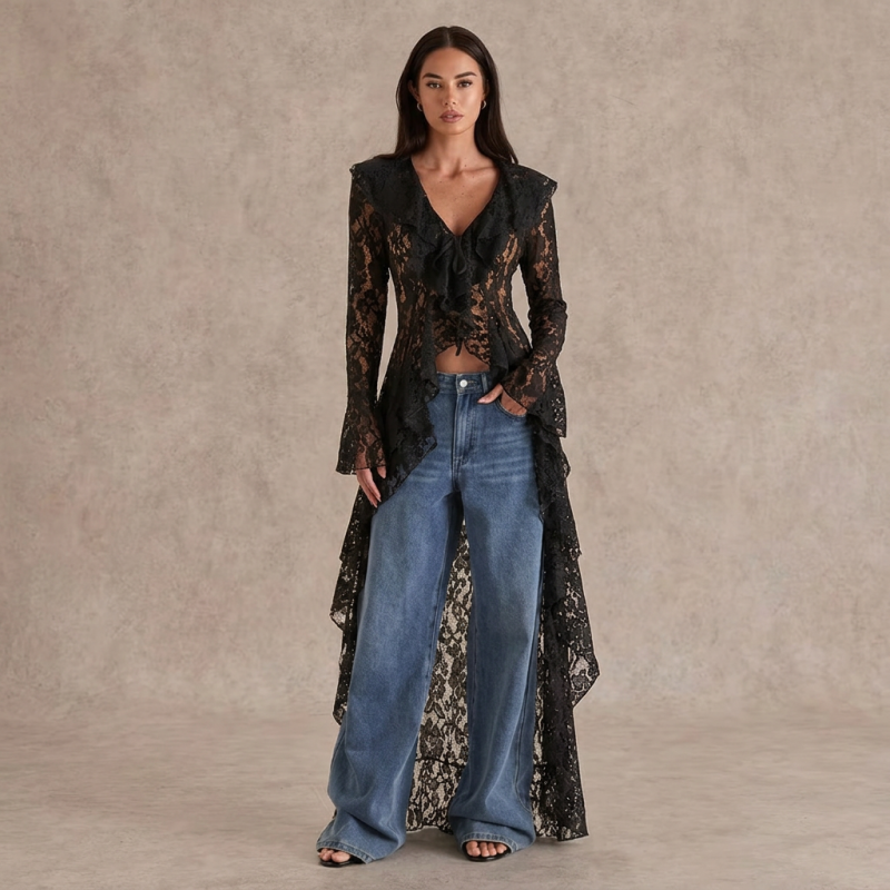 Elegante chaqueta de encaje con volantes