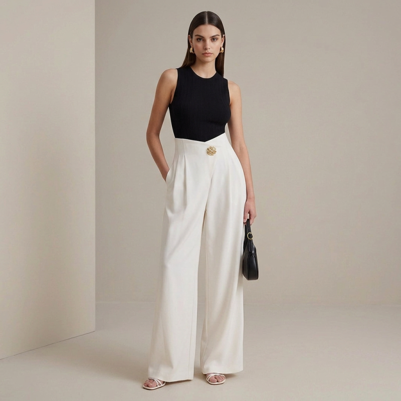 Pantalones casuales de talle alto y pierna ancha
