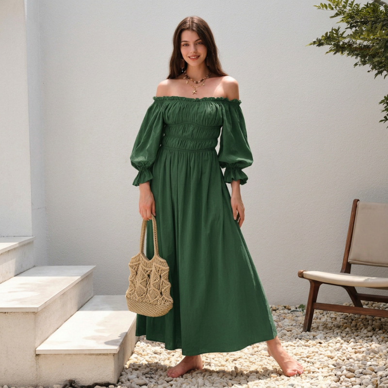 Vestido con mangas farol y hombros descubiertos