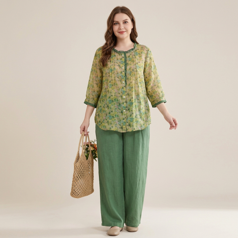 Elegante camisa floral de manga tres cuartos