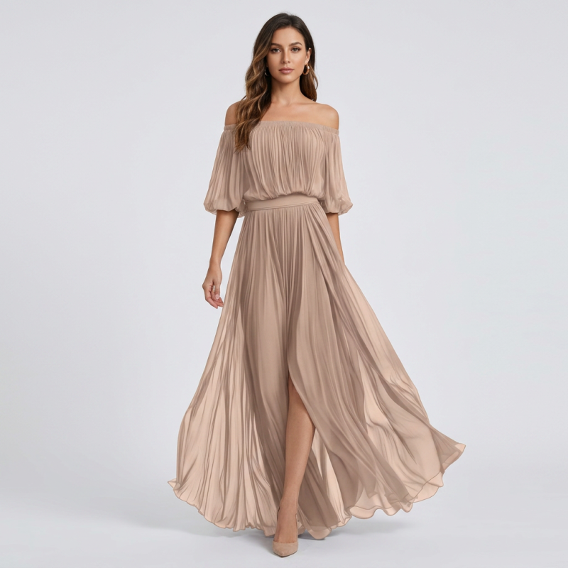 Vestido plisado con hombros descubiertos
