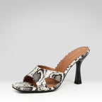 Square-toe snake-print high-heeled sandals