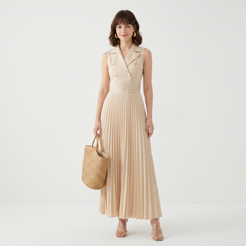 vestido plisado con cuello de traje