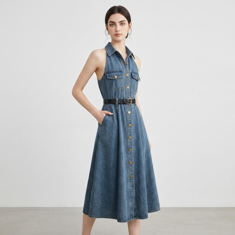 vestido vaquero sin mangas con cuello polo