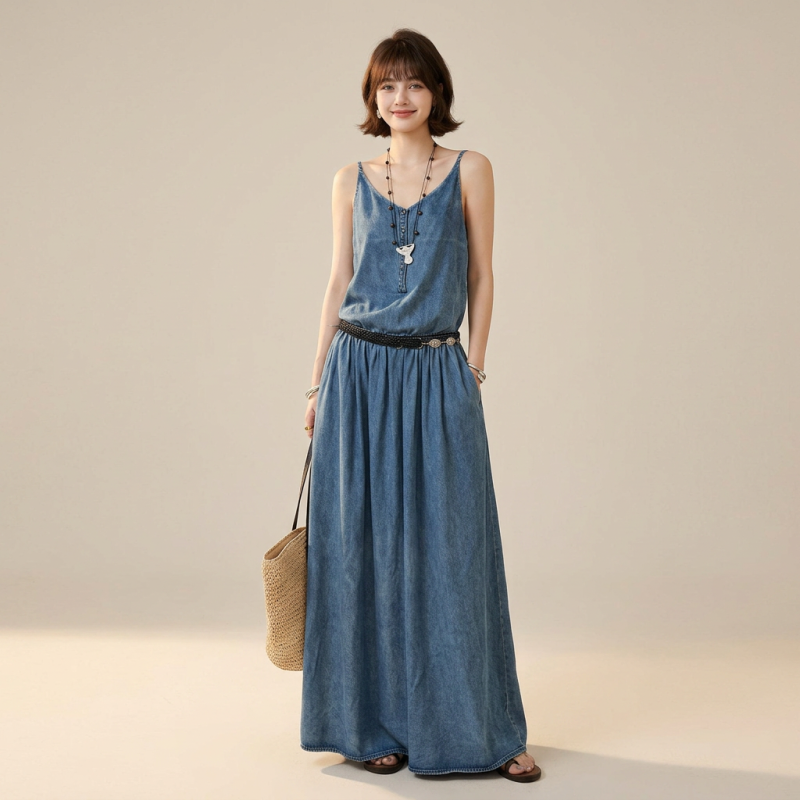 Vestido vaquero con tirantes que estiliza la figura