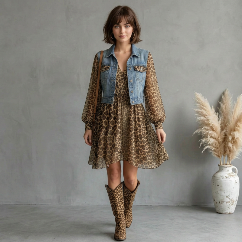 vestido de patchwork con estampado de leopardo