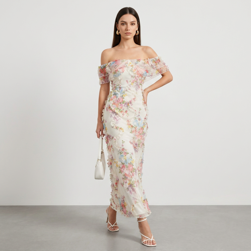 Vestido largo floral con hombros descubiertos