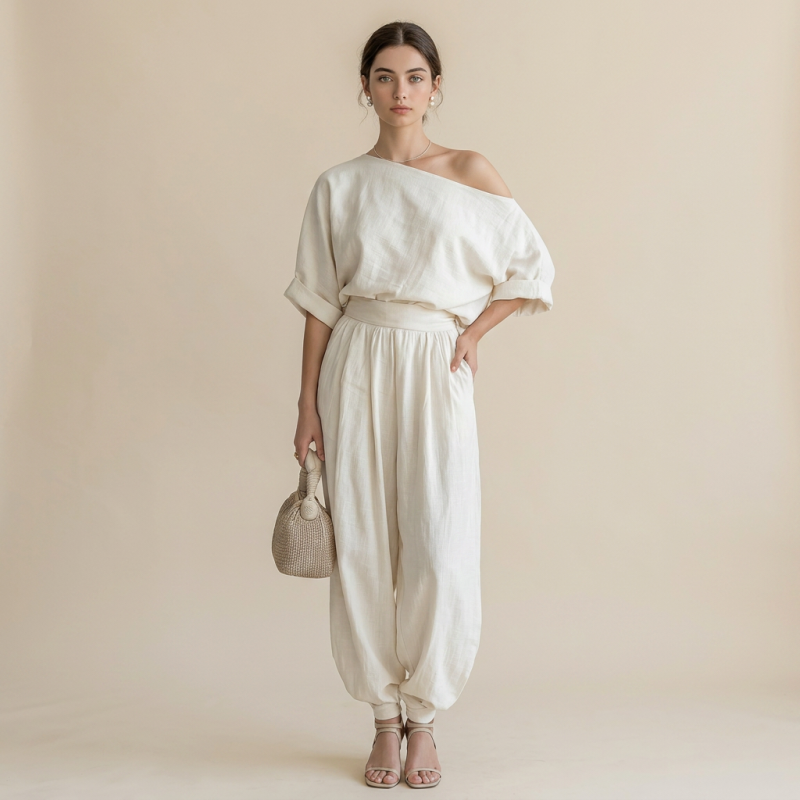 Elegante traje con hombros descubiertos