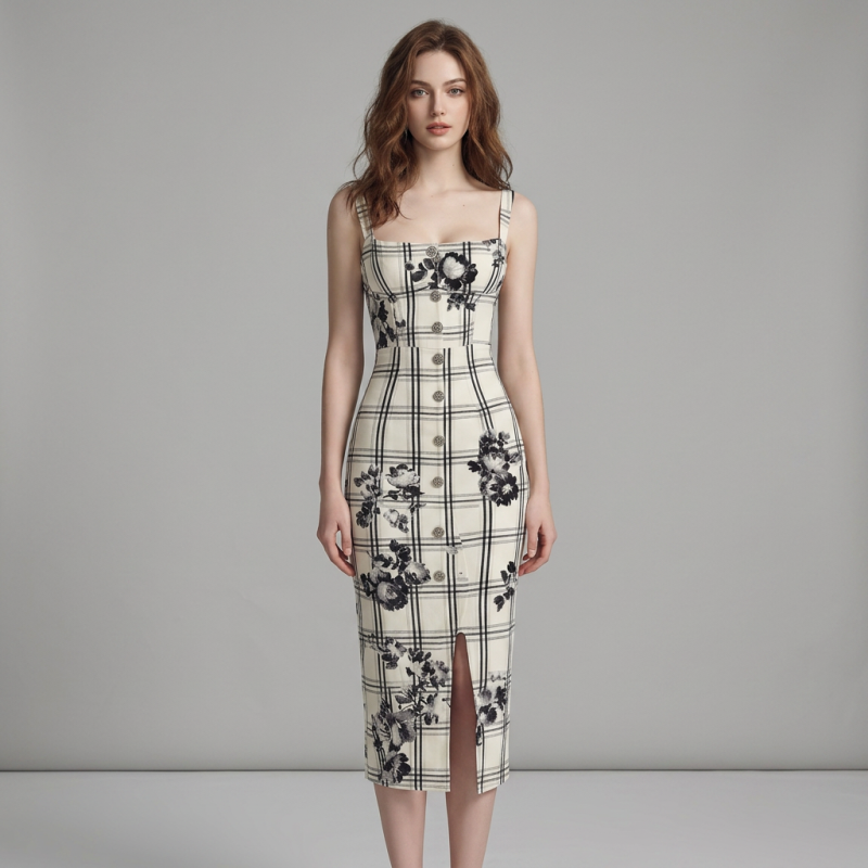 Elegante falda a cuadros con estampado floral
