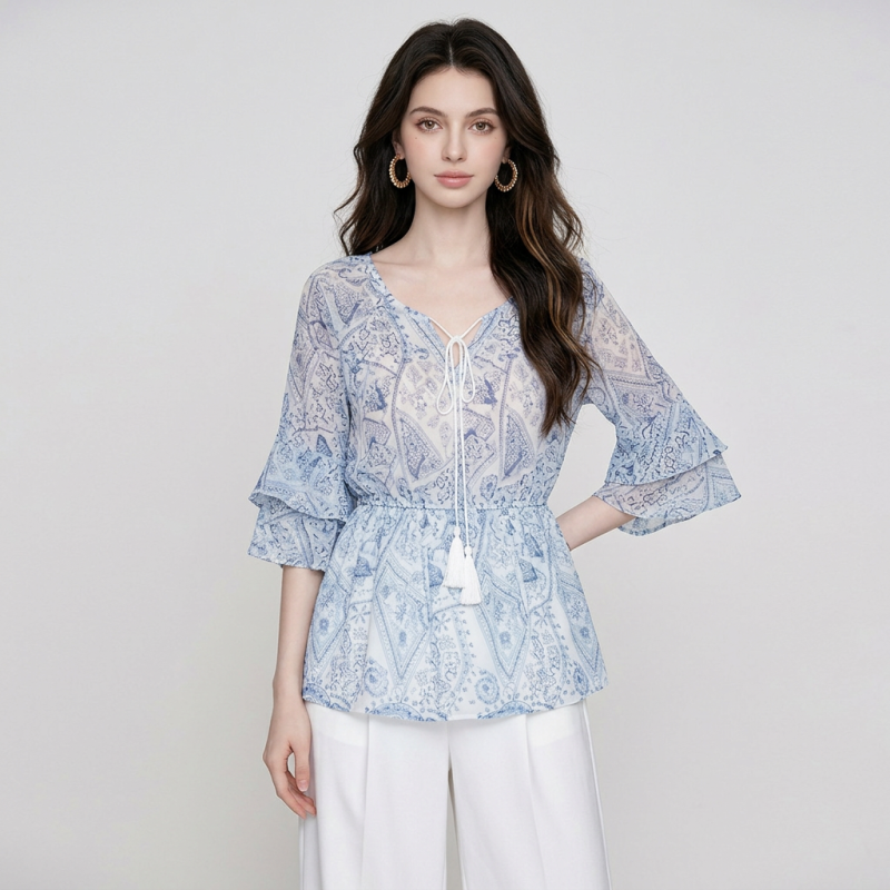 Camisa de gasa estampada con cinturón