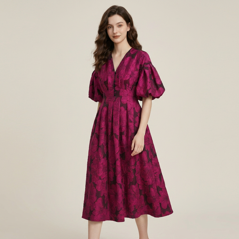 Vestido largo jacquard con mangas abullonadas