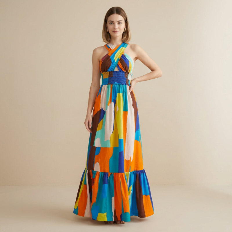 Vestido largo estilo resort con escote halter