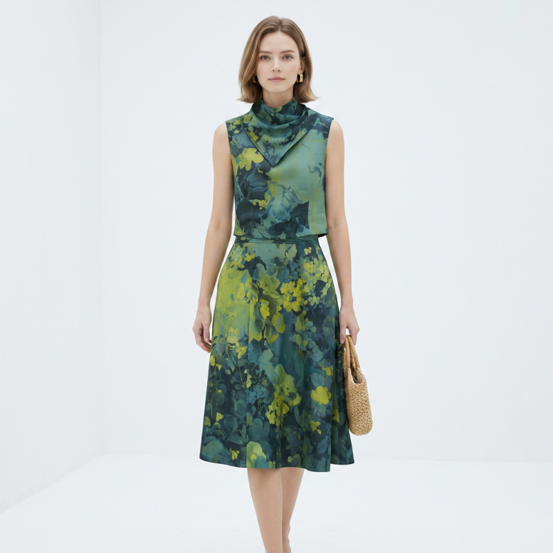Conjunto de vestido con estampado retro de pintura al óleo