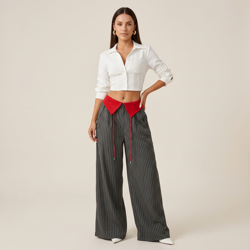 Pantalones anchos de patchwork a rayas de estilo retro.