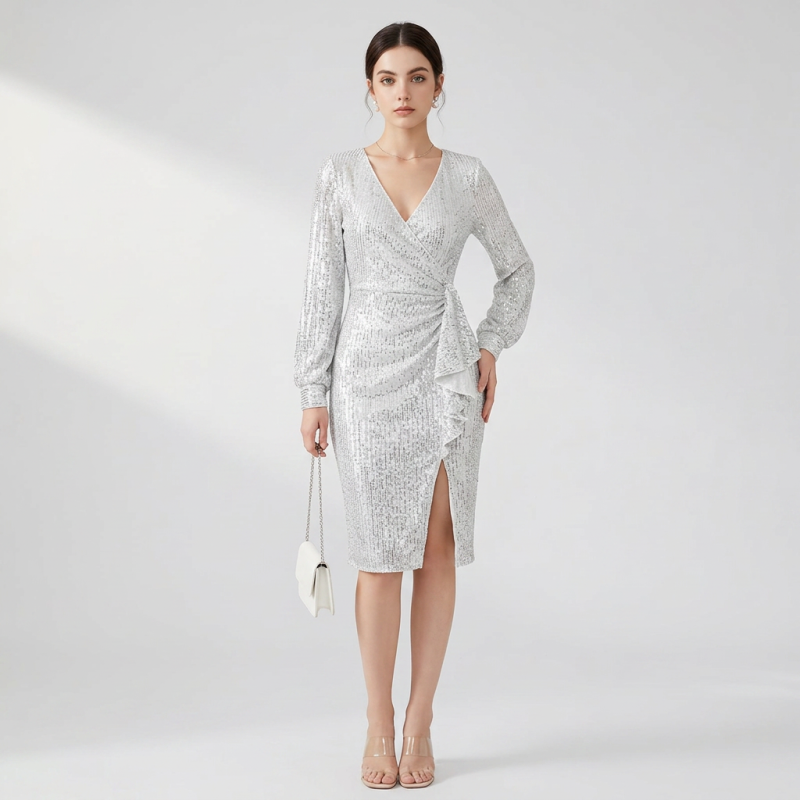 Vestido ajustado de lentejuelas con abertura en la cadera.
