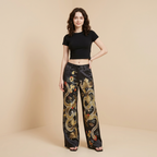 Pantalones de pierna ancha con estampado retro de dragones y fénix.